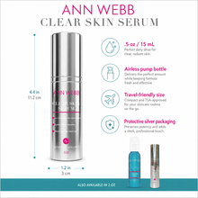 Load image into Gallery viewer, Ann Webb Clear Skin Serum bottle shown on a white infographic background with dimensions, feature callouts, and smaller alternate bottle sizes. The main product is a silver pump bottle with pink and black text.