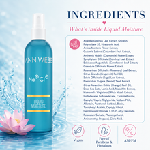 Load image into Gallery viewer, ANN WEBB Liquid Moisture skincare bottle on a light blue background with a pink lotus flower and a large ingredients list panel detailing the formula components.
