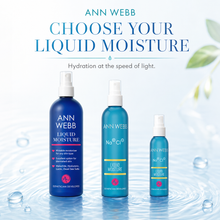 Load image into Gallery viewer, Three Ann Webb Liquid Moisture spray bottles in blue and teal shades are displayed on water ripples with floating water droplets. The background is a clean, light blue-white gradient with soft green leaf accents, and the text at the top reads 'ANN WEBB CHOOSE YOUR LIQUID MOISTURE'.
