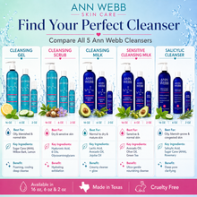 Load image into Gallery viewer, A promotional infographic for Ann Webb Skin Care showing six different cleansers side by side: Cleansing Gel, Cleansing Scrub, Cleansing Milk, Sensitive Milk, and Salicylic Acid. The image features product bottles, key ingredients, benefits, and usage suggestions, all set against a light blue water-themed background with Ann Webb branding at the top.