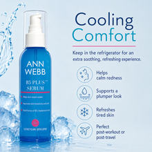 Load image into Gallery viewer, ANN WEBB B5 PLUS+ SERUM in a blue bottle with a white pump, shown on a light blue background with ice cubes and promotional text reading 'Cooling Comfort'.