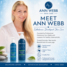 Load image into Gallery viewer, Promotional graphic for Ann Webb Skin Care featuring a smiling blonde woman in a white robe beside two blue balancing lotions, with text describing the products and brand history on a light blue background.