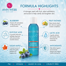 Load image into Gallery viewer, Ann Webb Skin Care Blueberry Glycolic Peel bottle centered on a light blue water-texture background with ingredient callouts and text highlighting blueberry, fruit enzymes, glycolic acid, sugar maple, lactic acid, and antioxidants.