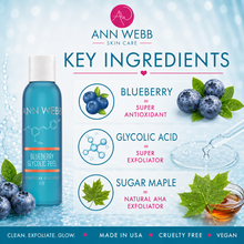Load image into Gallery viewer, Ann Webb Skin Care Blueberry Glycolic Peel bottle shown on a light blue graphic background with ingredient callouts for blueberry, glycolic acid, and sugar maple.