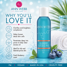 Load image into Gallery viewer, Ann Webb Blueberry Glycolic Peel skincare bottle on a light blue background with promotional text, icons, a rolled towel, and blueberries. The product is a bright blue bottle with a white cap and white/orange label details.