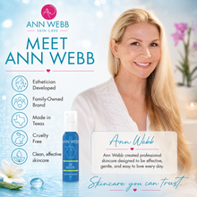 Load image into Gallery viewer, Promotional graphic for Ann Webb Skin Care featuring a smiling blonde woman in a white robe beside a blue Ann Webb Dry Moisturizer bottle, with text highlighting brand values and product details on a bright, softly lit background.