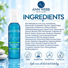 Load image into Gallery viewer, A blue Ann Webb Skin Care Dual Retinol Cream bottle is shown on a light blue, water-themed background with a large ingredients list and feature icons. The bottle has a white pump and a blue cap.