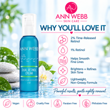 Load image into Gallery viewer, Ann Webb Dual Retinol Cream bottle in a bright blue pump bottle with a white cap, set against a tropical water and leaf background. The image includes product benefits text and feature icons on the right, and feature badges at the bottom.