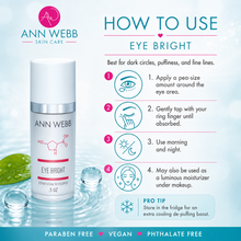 Load image into Gallery viewer, An Ann Webb Skin Care 'Eye Bright' cosmetic dewormer bottle shown on a light blue graphic background with usage instructions, icons, and product features.