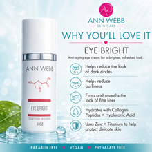 Load image into Gallery viewer, Ann Webb Skin Care Eye Bright anti-aging eye cream bottle on a light blue background with promotional text and feature icons.