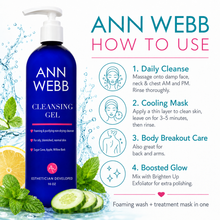 Load image into Gallery viewer, Ann Webb Cleansing Gel bottle shown on a promotional graphic with water splash effects, citrus, mint, cucumber slices, and step-by-step usage instructions on the right.