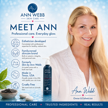 Load image into Gallery viewer, A promotional banner for Ann Webb Skin Care featuring a smiling blonde woman in a white robe on the right, and product information on the left. The text highlights Ann Webb Skin Care, includes a bottle of 'Meet Ann' Hyaluve Hyaluve Brightening Cleanser.
