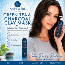 Load image into Gallery viewer, Ann Webb Skin Care Green Tea & Charcoal Clay Mask advertisement featuring a woman holding a blue pump bottle, with product text, ingredient icons, and a small bowl of dark mask powder on a light blue background.