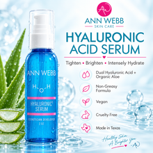 Load image into Gallery viewer, Ann Webb Skin Care Hyaluronic Acid Serum in a blue pump bottle, shown with aloe vera leaves and slices on a water-themed background with product benefits listed on the right.