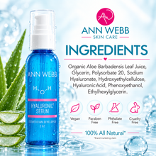 Load image into Gallery viewer, Ann Webb Skin Care Hyaluronic Serum in a 2 oz blue bottle with a white pump, shown on a bright blue water-themed background with aloe vera leaves and ingredient text.