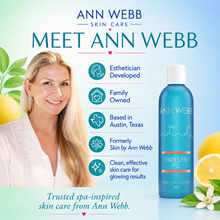 Load image into Gallery viewer, Ann Webb Skin Care Lemon Luifa Peel bottle shown on a light blue background with a smiling blonde woman, lemons, and white flowers. Text highlights the brand and product features.
