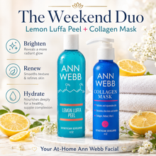 Load image into Gallery viewer, Two Ann Webb facial care bottles on a marble surface with lemon slices and white flowers: a bright blue bottle labeled Lemon Luffa Peel and a darker blue bottle labeled Collagen Mask. Text on the left lists benefits: Brighten, Renew, and Hydrate.