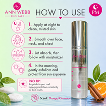 Load image into Gallery viewer, Ann Webb Skin Care How to Use graphic for the Lighten Up Serum PM, showing a silver bottle on a blue gradient background with step-by-step instructions, icons, and orange/cinnamon scent details.