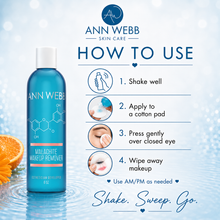 Load image into Gallery viewer, Ann Webb Skin Care Malachite Makeup Remover bottle shown next to a 'How to Use' infographic on a light blue water-themed background with an orange slice.