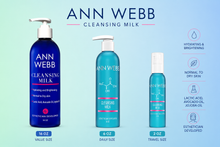 Load image into Gallery viewer, Three Ann Webb Cleansing Milk pump bottles in different sizes (16 oz, 6 oz, and 2 oz) displayed against a light blue gradient background with product details on the right.