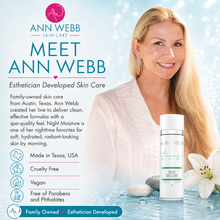 Load image into Gallery viewer, Ann Webb Skin Care Meet Ann Webb Night Moisture bottle shown on a light blue promotional graphic with a smiling blonde woman, white lily flowers, and product text callouts.