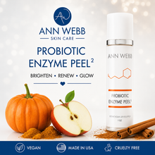 Load image into Gallery viewer, Ann Webb Skin Care Probiotic Enzyme Peel 1 oz bottle shown on a white background with promotional text, plus pumpkin, apple, and cinnamon imagery suggesting ingredients. The image includes Ann Webb branding and badges reading Vegan, Made in USA, and Cruelty Free.