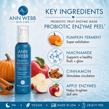 Load image into Gallery viewer, Ann Webb Skin Care Probiotic Enzyme Peel spray bottle shown on a light blue promotional graphic with ingredient callouts including pumpkin ferment, niacinamide, cinnamon, and apple enzymes, plus fruit and spice illustrations.