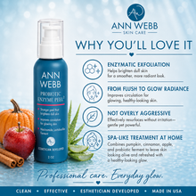 Load image into Gallery viewer, Ann Webb Probiotic Enzyme Peel 2 oz pump bottle in blue packaging, shown on a light blue background with promotional text, icons, and decorative fruit and leaves. Visible brand: Ann Webb.
