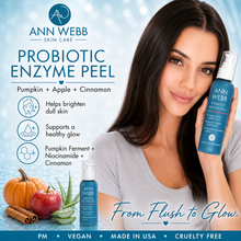 Load image into Gallery viewer, A promotional skincare ad for Ann Webb Skin Care Probiotic Enzyme Peel. A woman with long dark hair holds a blue bottle of the peel next to a smaller inset bottle.