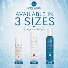 Load image into Gallery viewer, Three Ann Webb Skin Care bottles displayed against a light blue water ripple background with promotional text reading 'AVAILABLE IN 3 SIZES' and size labels 0.5 OZ, 1 OZ, and 2 OZ.