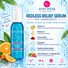 Load image into Gallery viewer, Ann Webb Redless Relief Serum bottle on a bright blue and white promotional background with water droplets, citrus slices, and ingredient callouts including Vitamin C, Vitamin E, Astaxanthin, Squalane, Sodium Hyaluronate, and Sea Buckthorn + Rosehip Oils.