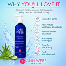 Load image into Gallery viewer, Ann Webb Salicylic Cleanser bottle in a blue pump bottle with white pump, set against a light blue water splash background with text highlighting product benefits.