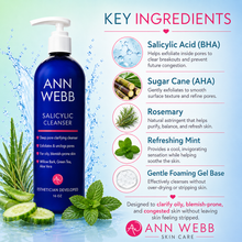 Load image into Gallery viewer, A promotional graphic for the Ann Webb Salicylic Cleanser, showing a large blue pump bottle on the left and key ingredient callouts on the right against a light blue water splash background. The bottle is labeled 'ANN WEBB SALICYCULES CLEANSER' and includes ingredient claims for Salicylic Acid (BHA), Sugar Cane (AHA), Rosemary, and Refreshing Mint.