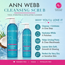 Load image into Gallery viewer, An advertisement for Ann Webb Cleansing Scrub featuring two blue bottles of the product on a light blue background with water splash graphics, alongside text detailing the benefits of the cleanser.