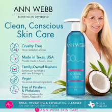 Load image into Gallery viewer, Ann Webb Cleansing Scrub in a blue bottle with a white pump, shown on a light blue promotional graphic with a smiling blonde woman in a white robe, product features text, and a Texas state icon.
