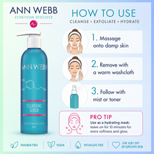 Load image into Gallery viewer, Ann Webb Cleansing Scrub product image with step-by-step usage instructions, showing a blue pump bottle on a pastel gradient background with illustrated facial application steps and text.