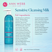 Load image into Gallery viewer, A bottle of Ann Webb Skin Care Sensitive Cleansing Milk shown on a light blue gradient background with ingredient text and product branding.