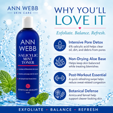Load image into Gallery viewer, An advertisement for Ann Webb Salicylic Mint Toner, showing a 16 oz blue bottle on a water splash background with text highlighting benefits like intensive pore detox and non-drying aloe base.