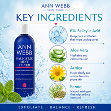 Load image into Gallery viewer, Ann Webb Salicylic Mint Toner bottle shown on a light blue skincare marketing graphic with ingredient callouts for salicylic acid, aloe vera, arnica, and fennel.