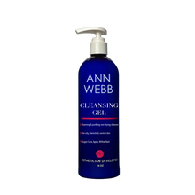 Load image into Gallery viewer, A 16 oz bottle of Ann Webb Cleansing Gel, featuring a deep blue bottle with a white pump dispenser and white text, set against a plain white background.