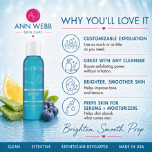 Load image into Gallery viewer, Promotional graphic for Ann Webb Brighten Up Exfoliating Cleanser, showing a blue bottle on the left and marketing text and icons on the right against a light blue icy background with lemon and blueberry props.