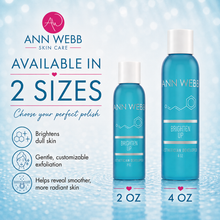 Load image into Gallery viewer, Ann Webb Skin Care Brighten Up exfoliating cleanser shown in two sizes: a 2 oz and a 4 oz bottle. The bottles are a translucent teal-blue color with white caps and silver/white text, set against a light blue water-textured background with promotional text on the left.