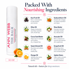 Load image into Gallery viewer, A 0.5 oz tube of Ann Webb Estheticia Revived Balm shown next to a white informational graphic detailing its nourishing ingredients, including aloe, cocoa seed butter, shea butter, and citrus oils.