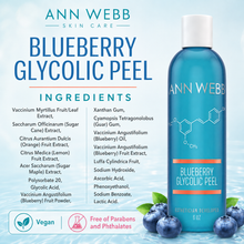 Load image into Gallery viewer, Ann Webb Skin Care Blueberry Glycolic Peel 6 oz bottle on a light blue background with ingredient text and blueberries. The bottle is bright blue with a white cap and white branding, and the image includes a vegan and free of parabens and phthalates badge.