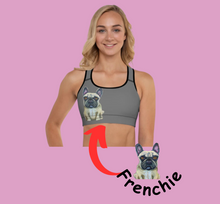Load image into Gallery viewer, Grey Padded Sports Bra with French Bull Dog - Whimsy Fit Workout Wear

