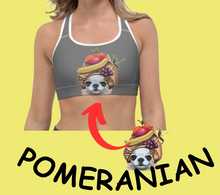 Load image into Gallery viewer, Grey Sports bra with "Poms & Frenchies" - Whimsy Fit Workout Wear
