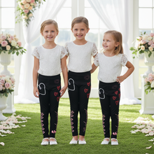 Load image into Gallery viewer, Black Flower Girl Toddler Leggings - Matching Bridal Party Sizes 2T-7 Younger flower girls in black bridesmaid leggings