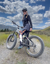 Load image into Gallery viewer, Black Ladies Dog Walking Leggings Dexter the Dog Karen_Dexter_Camper Karen_Dexter_ Person with a mountain bike in a mountainous landscape
Details