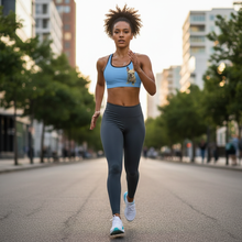 Load image into Gallery viewer, Woman wearing Blue Frenchie Sports Bra front action photo - Whimsy Fit French Bulldog racerback bra sizes XS-XL