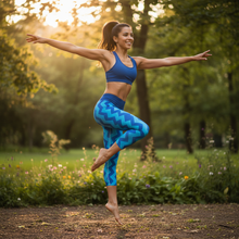 Load image into Gallery viewer, Woman in Blue Zig Zag Capri Leggings outdoor active pose - Whimsy Fit bunny print yoga capris sizes XS-XL
